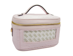 Pink cosmetic bag with floral pattern on a white background