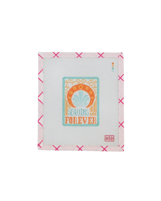 Product packaging with text 'Sequins are Forever' on a white background