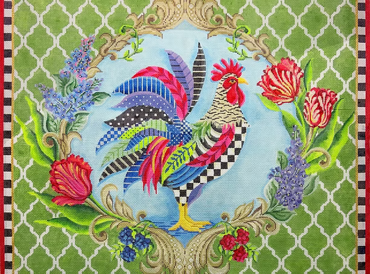 Colorful rooster design on a green fabric background with floral elements