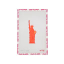 Red stamp with a design resembling the Statue of Liberty on a white background