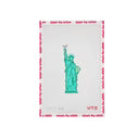 Teal statue of liberty on a white background