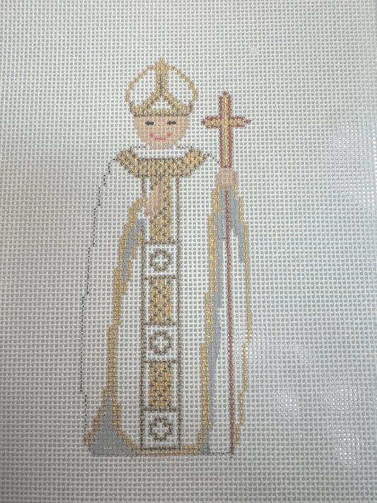 Cross-stitched design of a sword and shield on a gray background