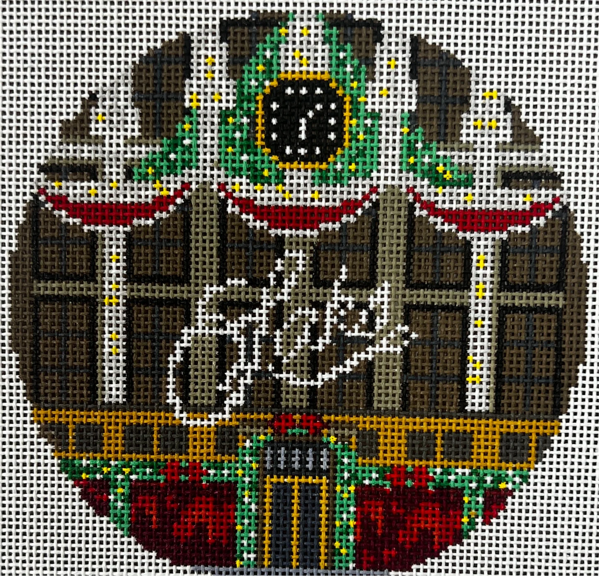 Decorative design with tartan patterns and a clock on a brown background