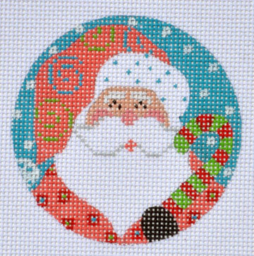 Cross-stitched design of Santa Claus in a wreath with colorful patterns on a white background.