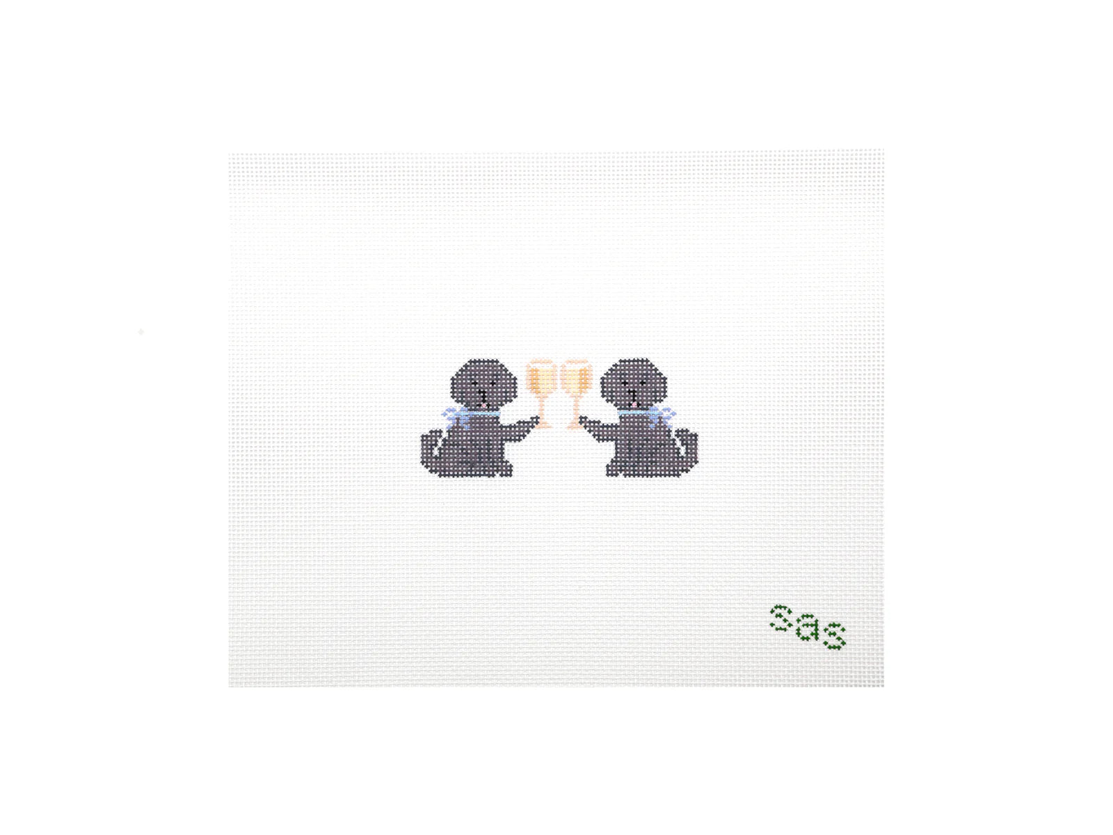 Two small dog figures with a 'Sas' text on a white background