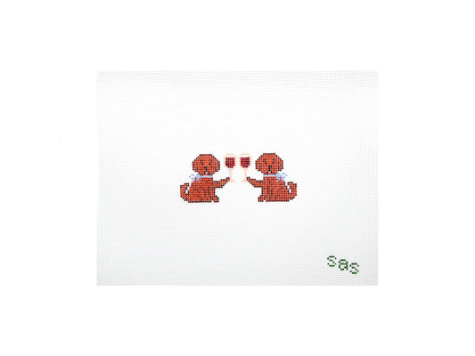 Pair of red dog on a white background with 'sas' text.