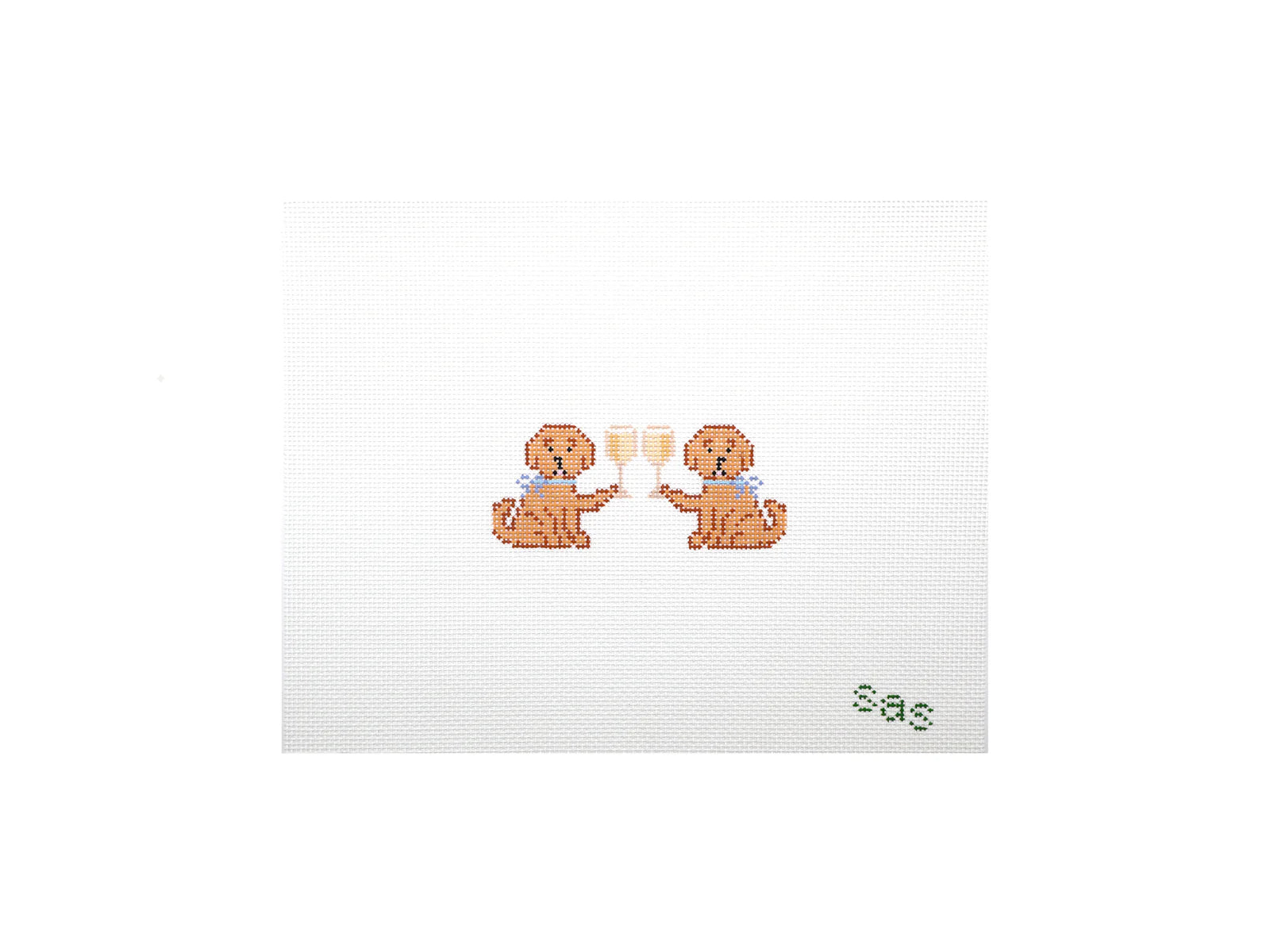 Two dogs holding champagne glasses on a white card with 'sas' text.