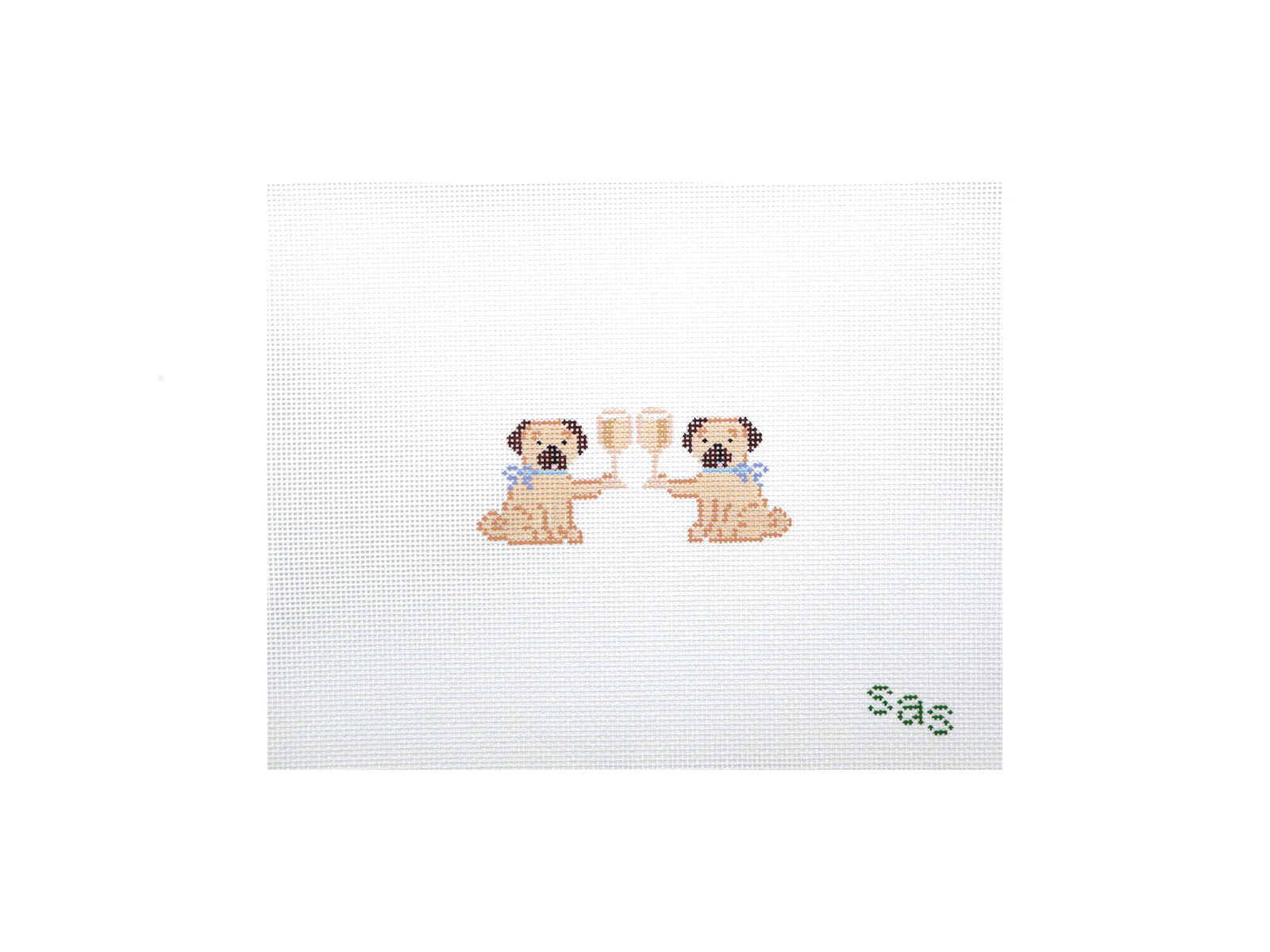 Cross-stitched design of two dogs holding glasses with 'sas' text on a white background