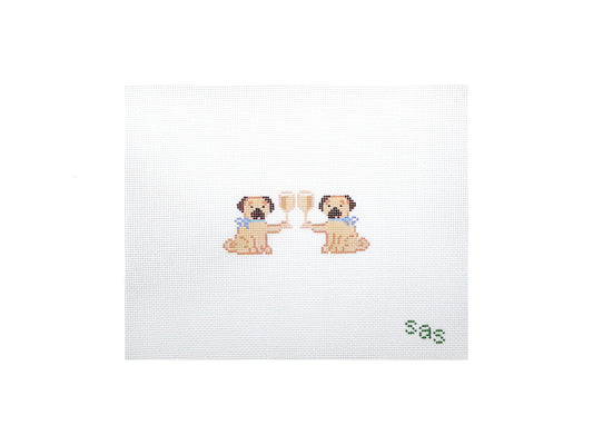 Cross-stitched design of two dogs holding glasses with 'sas' text on a white background