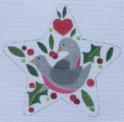 Dove with heart, berries, and leaves on light blue embroidered fabric