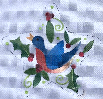 Blue bird needlepoint design with holly leaves and red berries