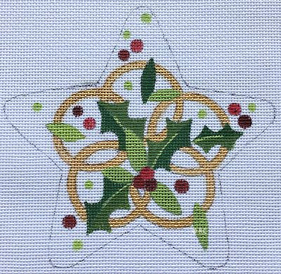 Star-shaped design with holly leaves, red berries, and gold loops