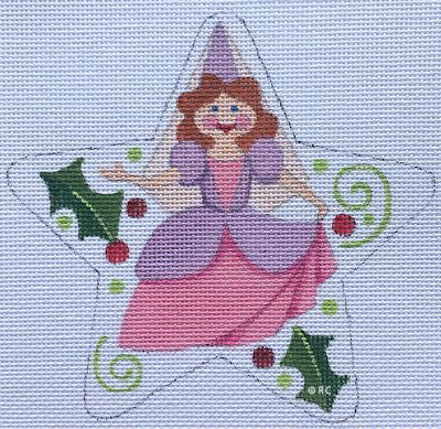 Five-pointed star-shaped needlepoint canvas with a fairy in purple and pink