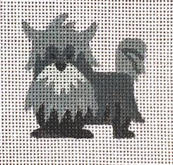 A small gray and white pixelated dog silhouette on a light gray grid background