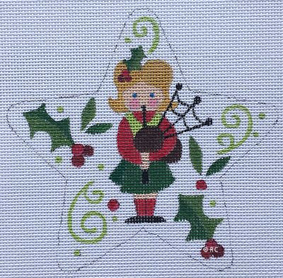 Bagpiper needlepoint design with holly leaves and red berries