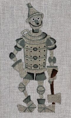 A needlepoint canvas featuring a stylized Tin Man design with a gray and silver body