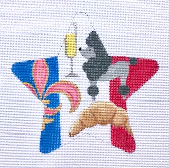 Gray poodle with champagne glass on a colorful star-shaped needlepoint canvas