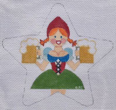 Woman in red bonnet holding beer mugs on a needlepoint canvas