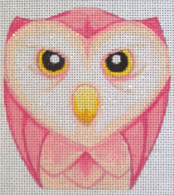 A close-up of a pink and cream owl face with large yellow eyes on a textured canvas background