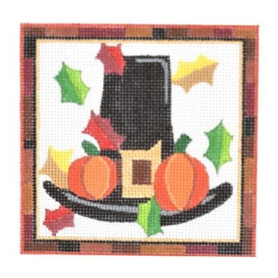 Thanksgiving needlepoint design with pumpkins and autumn leaves