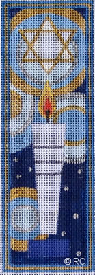 Embroidery design of a Torah with a Star of David on a blue background