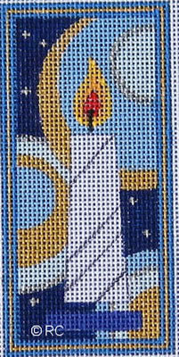 Candle and crescent moon needlepoint design on blue canvas