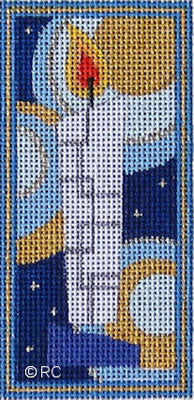 Lit candle design on a blue and gold needlepoint canvas
