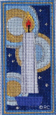White candle with red and yellow flame on blue needlepoint canvas