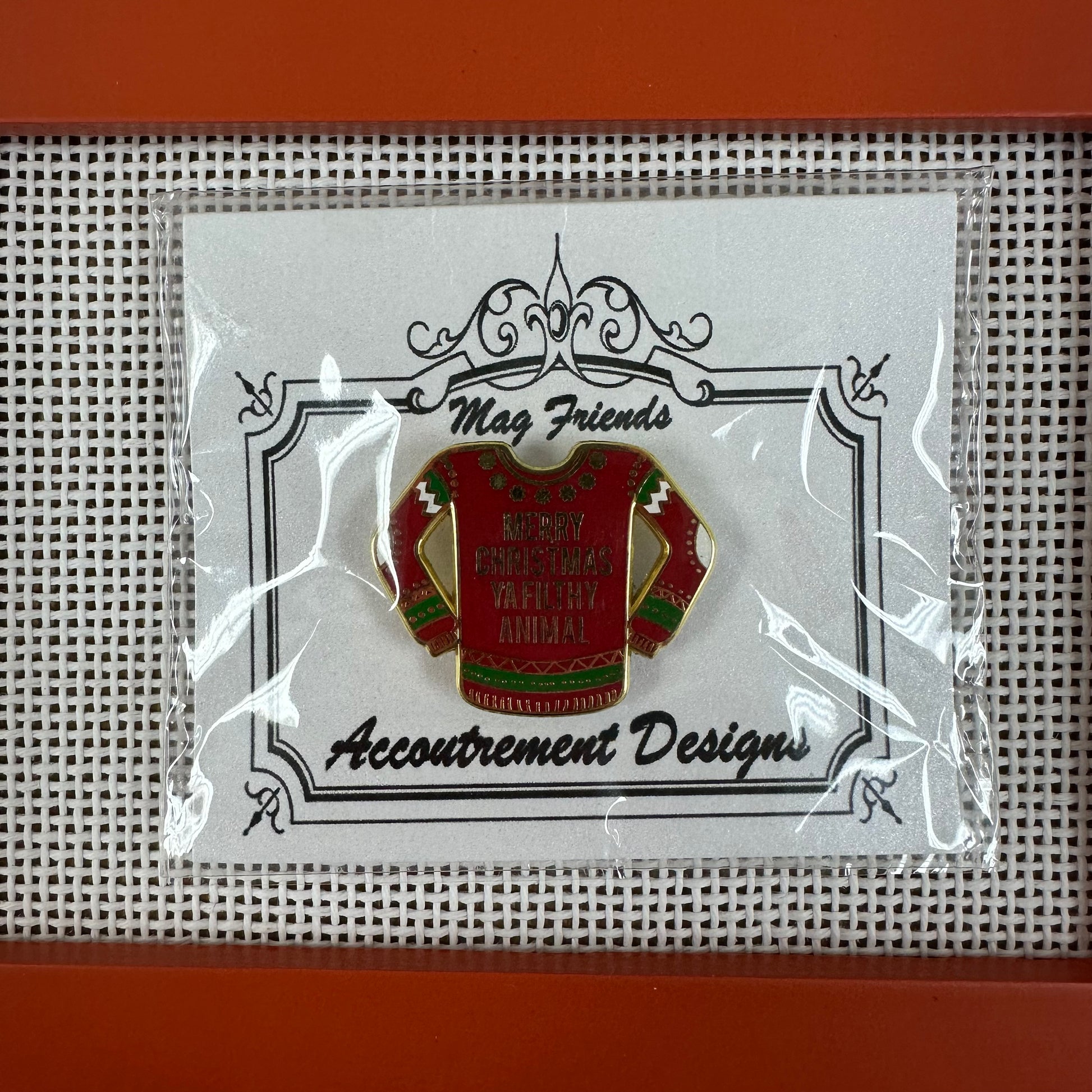 Christmas sweater pin on branded card