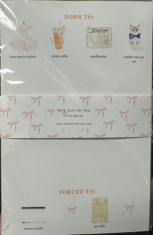 Packaged stationery set with humorous text and illustrations on a plain background