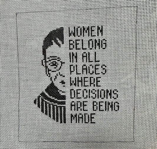 portrait of a woman next to the text 'WOMEN BELONG IN ALL PLACES WHERE DECISIONS ARE BEING MADE' 