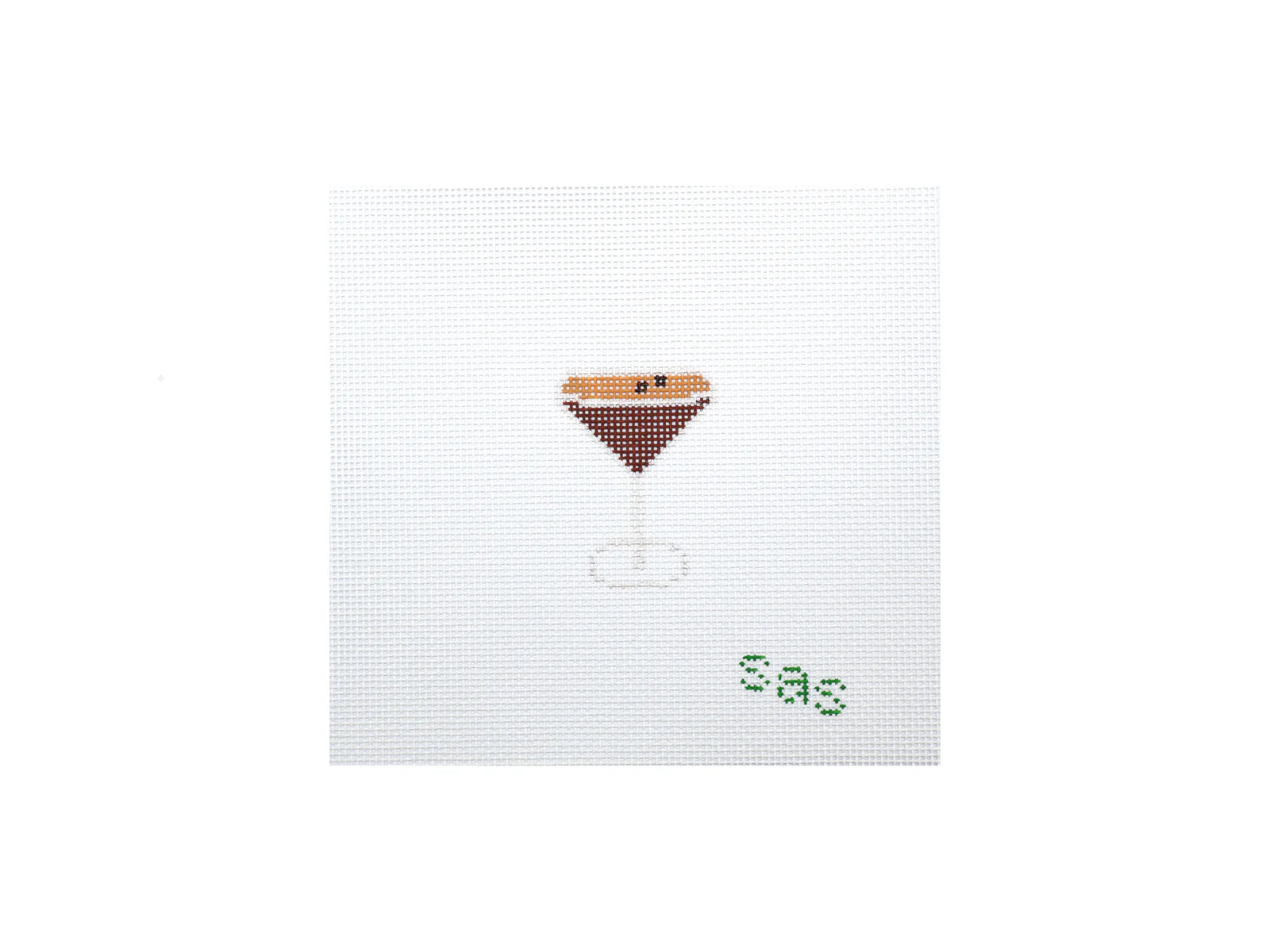 Cross-stitched design of a martini glass with olive on a white background