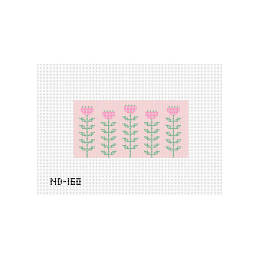 Five pink flowers with green stems on a pink needlepoint canvas panel