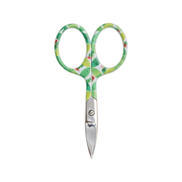 Scissors with green and red patterned handles on a white background