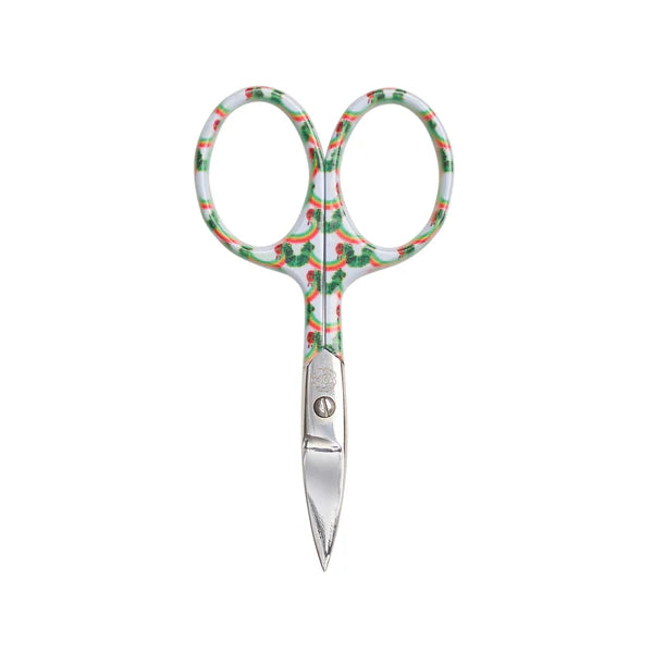 Scissors with a colorful handle on a white background