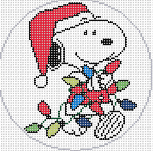 Snoopy in Santa Suit Tangled in Lights