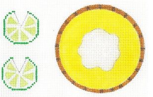 Cross-stitch pattern of a lemon slice on a yellow background with lime slices on the side.