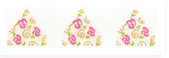 Three decorative floral patterns with pink flowers and green leaves on a white background