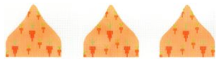 Three orange triangular shapes with red patterns on a white background