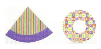 Colorful striped cone and circular object with geometric pattern on a white background
