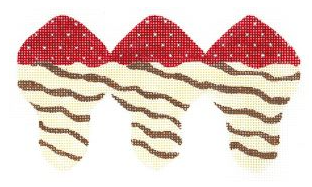 Three heart-shaped ice cream cones with red tops, white bases, and brown drizzles on a white background.