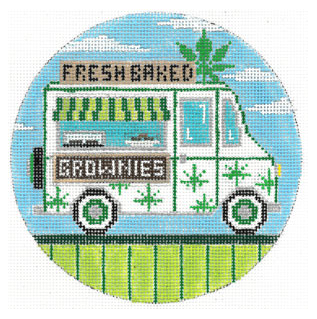 Illustration of a food truck with 'Fresh Baked' and 'Brownies' text on a circular background.