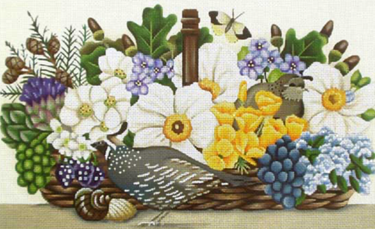 Decorative image of a bird, flowers, and nature elements in a basket.