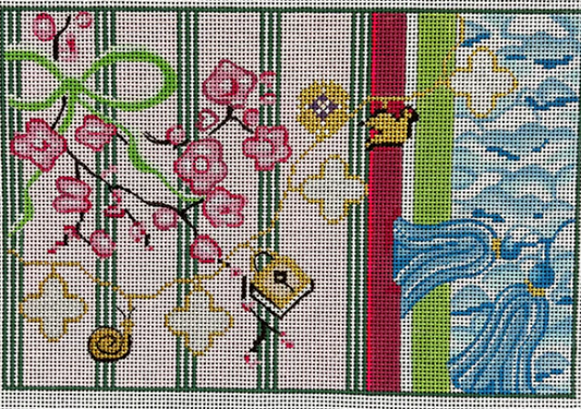 Decorative needlepoint with floral and striped patterns