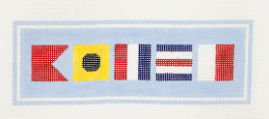 Nautical signal flag banner spelling 'KOREE' on a light blue background