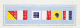 Nautical signal flags on a light blue background