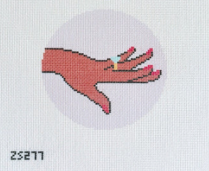 Red hand reaching out from a circular border on a light gray background