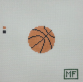 Basketball design on a cross-stitch pattern with 'MF' logo in the corner.