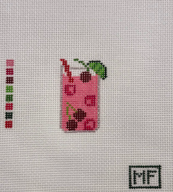 Cross-stitched design of a pink phone case with heart patterns on a white fabric background.