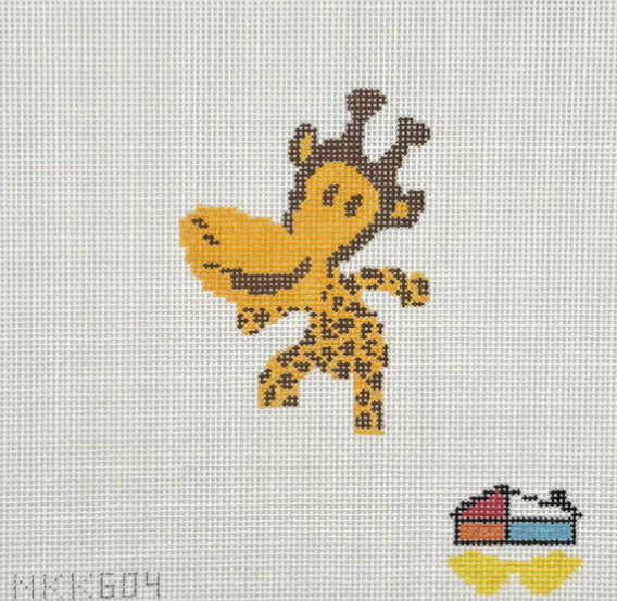 Cross-stitched giraffe design on fabric with a small boat at the bottom right corner.